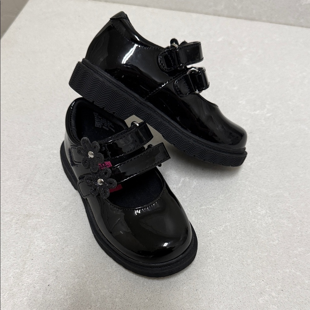 Rachel Shoes Black Patent Kids Dress Shoes with Floral Accent